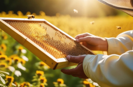 Close-up of beekeeper holding frame with bees, beekeeper collecting honey at apiary on sunny summer day. Honey in honeycomb, beekeeping, apiaryの素材