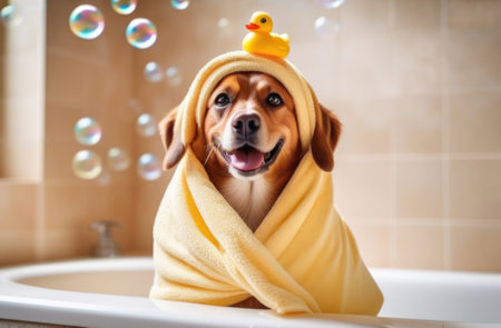 Happy dog wrapped in a towel sits in a white bathtub with flying soap bubbles and duckies. Dog taking a bath, spa salon, pet grooming, pet grooming, dog therapy products, veterinary clinicの素材