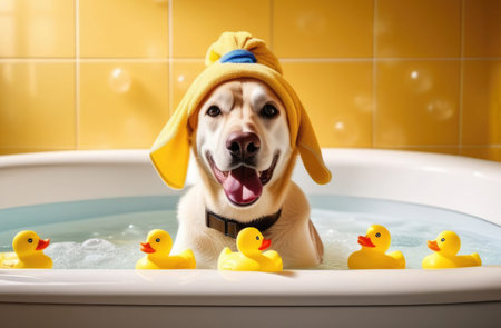 Happy Labrador wrapped in a towel sits in a white bathtub with flying soap bubbles and ducks. Dog taking a bath, spa salon, pet grooming, pet grooming, dog therapy products, veterinary clinicの素材