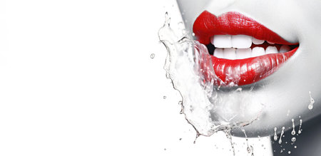 Banner with female smile with white teeth and water splash, ice on white background with copy space. Concept of sensitivity to cold water, frost, sensitive tooth enamelの素材