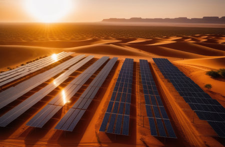 Solar panels in arid landscape, desert, blue sky, top view. Panorama of modern eco-friendly large solar panels for generating energy from sunlight. Solar farm, green energy, decarbonizationの素材