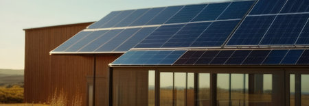 Banner with solar panels on the roof of modern house. Solar panel building, panels to generate energy from light, energy without using fuel. Eco-friendly house, green energy, farmの素材