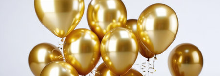 Gold balloons with metallic glitter on white background. Holidays, birthdays, wedding, party, decoration, coupon, store opening discountsの素材