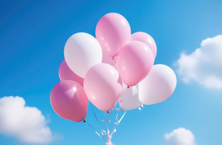 Pink and white balloons fly off into the blue sky. Declaration of love, Holidays, birthdays, surprise, party, decoration, coupon, discounts, joyの素材