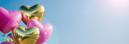 Banner pink and gold heart shaped balloons with metallic glitter flying into the blue sky, with space for text. Declaration of love, Holidays, birthdays, surprise, party, decoration, valentine's dayの素材