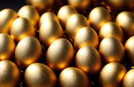 Deluxe Metallic gold leaf easter egg background. Bright Easter, holiday marketing, Easter card, banner, greeting, Christian traditionsの素材