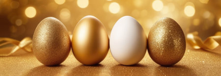 Gold ang white Easter eggs with gold glitter on festive background. Bokeh Light. Bright easter, holiday marketing, postcardの素材