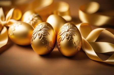 Gold metallic and chocolate Easter eggs decorated with floral ornament with altas ribbon. Easter card, banner, Easter greetings, Christian traditionsの素材