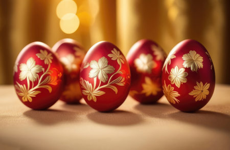 Red Easter eggs decorated with gold carved floral ornaments with glitter. Background light bokeh. Easter holiday, holiday marketing, greeting card, greetings, Christian traditionsの素材