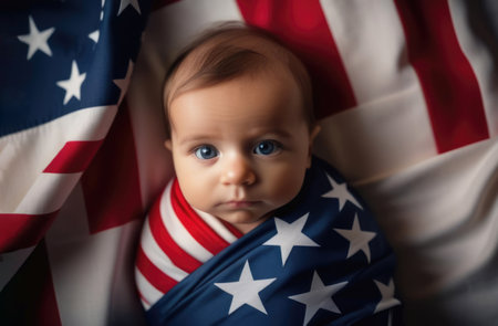 A baby wrapped in an American flag. Demographics, patriotism, and the celebration of U.S. independence. U.S. Veterans Day. Happy American children, happy future, young generationの素材
