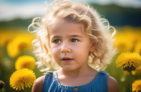 A girl among flowering plants in sunlight. Child allergy to flowering and pollen of plants. Spring exacerbation of allergy to flowers and flowering plants, allergy medicationsの素材