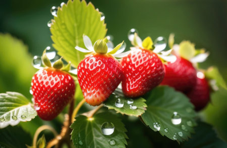 Ripe strawberries and strawberry flowers with water drops on bushes in the garden. Harvest on a strawberry bed. Juicy berries on a fruit plantationの素材