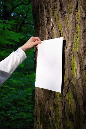 Hand holding mockup of white sheet of paper on bark of tree trunk on forest blurred background. Soft diffuse focus. Mockup of a poster in hand. White blank with space for text, presentationの写真素材