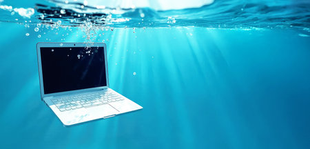 Laptop floating in a pool with sunlight and air bubbles. Laptop underwater. Vacation concept, office weekend, do not disturb, space for textの素材