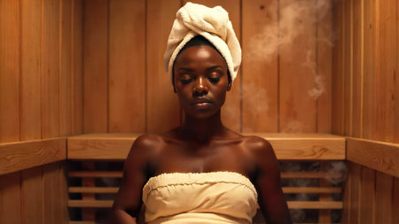 A young dark-skinned woman relaxes in a heated sauna, draped with a towel, in a traditional wooden steam room reminiscentの素材