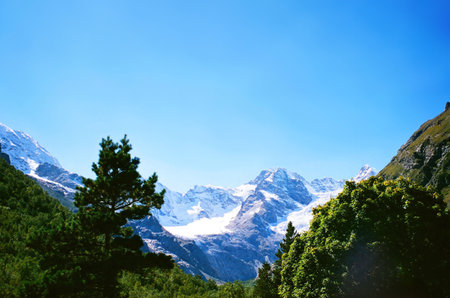 Panoramic view of mountain horizon with glaciers and slopes with trees, mountain natural landscape in clear weather with blue clear sky. Nature of North Ossetia. Film grain effect shotの写真素材