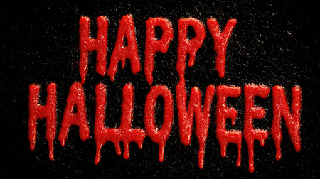 HAPPY HALLOWEEN in capital letters with a dark red texture, liquid drops stretch and flow. Volumetric text on a black background. Creepy, ominous atmosphereの素材
