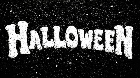 Creative illustrated stylized text HALLOWEEN. White, artistic text on a Black background, retro aesthetics, engraving textureの素材