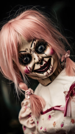 Horror doll of Halloween with cracked and dirty porcelain skin with long pink hair on dark atmospheric backgroundの素材