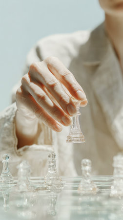 A close-up of a womans hand in a stylish light jacket with a glass figure, playing chess, making a move. Strategy, planning, leadershipの素材