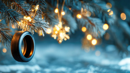 Form of a car tire hanging on fir branches with lights and Christmas decor on a festive background. Banner with space for text. New Years greeting in an industrial styleの素材