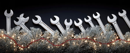 Banner with Garland with fir branches, metal wrenches, and lights A New Years banner with tools on a black background. New Years in the industrial and transportation sectorsの素材