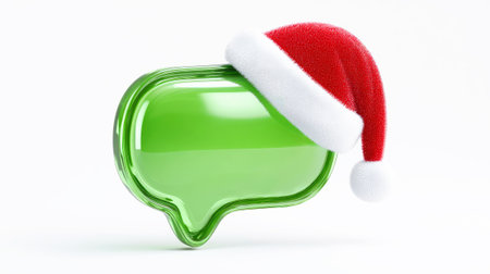 Glass green transparent 3D figure speech bubble chat with a Santa Claus hat isolated on white background, icon, space for textの素材