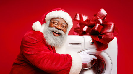 A happy elderly dark-skinned Santa Claus in glasses with a washing machine or dryer with a bow. Electronics and appliance store Christmas shoppingの素材
