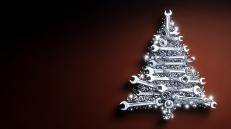 Christmas tree made of silver wrenches with a bright garland on a dark red background. Happy New Year in an industrial, transport-inspired holiday conceptの素材
