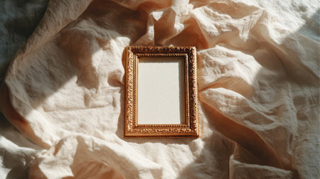 Decorative antique frame with carved patterns in antique gold, vertical format with empty space on a light fabric drapery background in sunlight with shadows. Template, mockupの素材