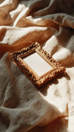 Decorative antique frame with carved patterns in antique gold, vertical format with empty space on a light fabric drapery background in sunlight with shadows. Template, mockupの素材