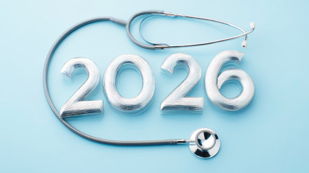The flat lay 3D numbers 2026 and a stethoscope on a blue background symbolize achievements in healthcare and the future of professional medical innovation. Wellness conceptsの素材