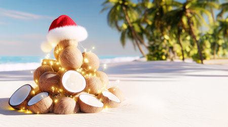 Creative tropical coconut Christmas tree with a Santa hat and festive lights on a sandy beach with palm trees. The atmosphere is one of a joyful vacation, a serene celebration by the seaの素材
