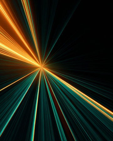 Abstract light rays burst with glowing orange and teal lines on dark background, futuristic technology wallpaperの素材