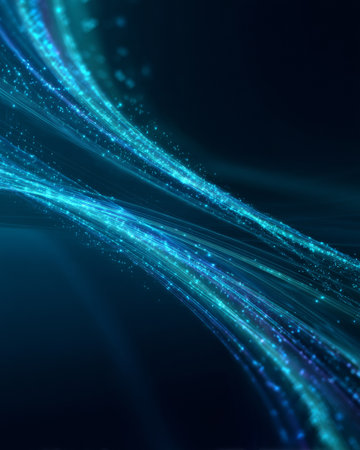 Abstract flowing digital wave with glowing blue particles on dark background, futuristic technology wallpaperの素材