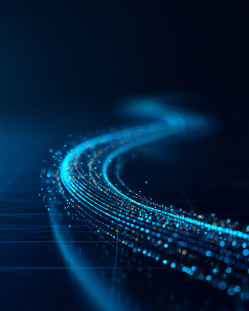 Abstract data flow with glowing blue particles on dark background, futuristic digital technology wallpaperの素材