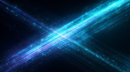 Abstract glowing blue light beams crossing in X shape on dark background, futuristic digital technology wallpaperの素材