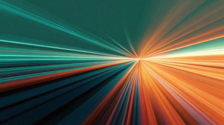 Abstract light speed burst with glowing orange and teal rays on dark background, futuristic technology wallpaperの素材