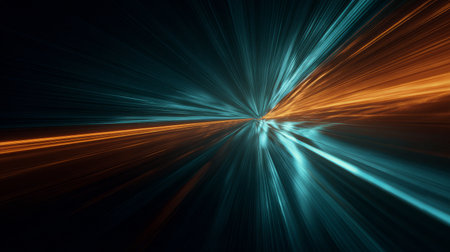 Futuristic light speed burst with glowing orange and teal rays on dark background, abstract technology wallpaper submitted 13 days agoの素材