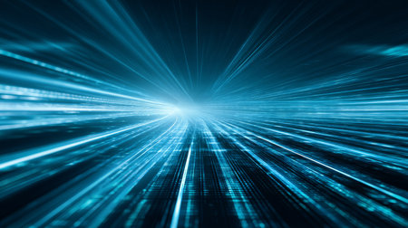 Futuristic light speed stream with glowing blue rays and grid on dark background, digital technology wallpaperの素材