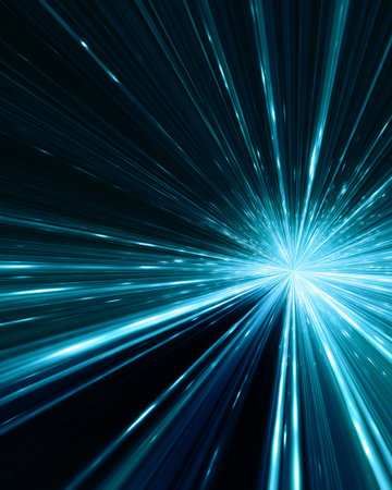Abstract light speed burst with glowing blue rays on dark background, futuristic digital technology wallpaperの素材