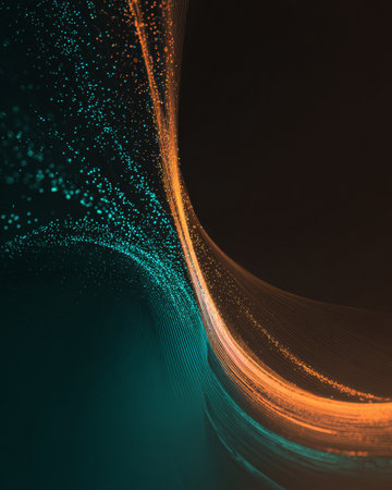 Orange and teal abstract digital wave with glowing particles on dark background, futuristic technology designの素材