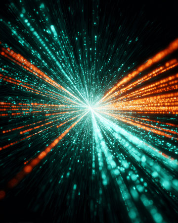 Futuristic light burst with glowing teal and orange particles on dark background, abstract digital technology wallpaperの素材