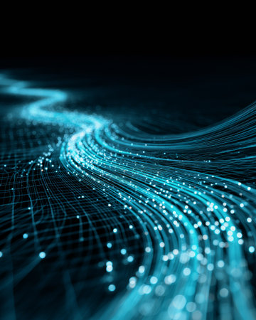 Flowing digital stream with glowing blue particles and lines on dark background, futuristic technology wallpaperの素材