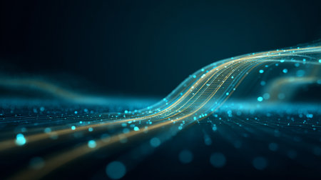 Abstract digital wave with glowing blue and yellow lines on dark background, futuristic technology wallpaperの素材