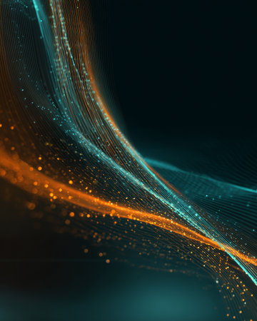 Dynamic orange and blue glowing particle wave on dark background, futuristic digital flow designの素材