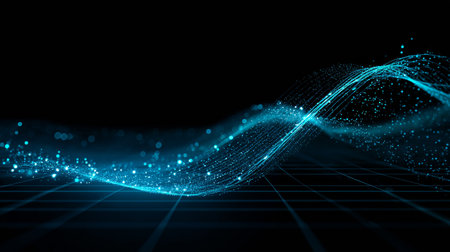 Abstract digital wave with glowing blue particles on dark grid background, futuristic technology wallpaperの素材