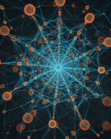 Futuristic neural network web with glowing blue and orange connections, abstract digital backgroundの素材