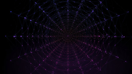 Digital tunnel web with purple and blue glowing network connections, abstract futuristic backgroundの素材
