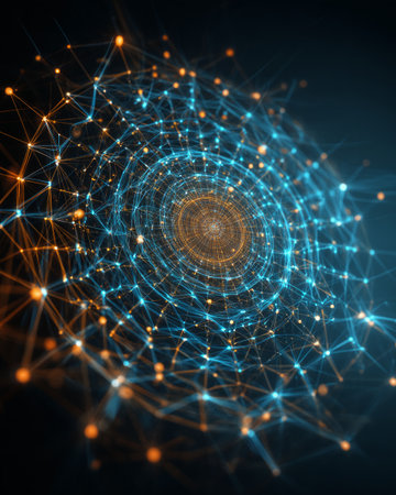 Abstract digital network sphere with blue and orange glowing lines, futuristic technology backgroundの素材
